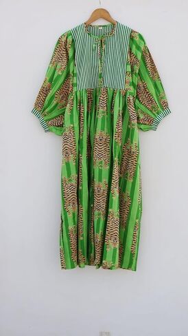 Handmade Green Kaftan Dress with Bold Tiger Print – Cotton Kimono Robe Maxi with Striped Yoke & Balloon Sleeves, Boho Lounge Wear in Saudi Arabia
