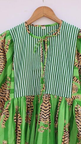 Handmade Green Kaftan Dress with Bold Tiger Print – Cotton Kimono Robe Maxi with Striped Yoke & Balloon Sleeves, Boho Lounge Wear in Saudi Arabia