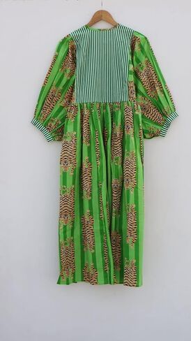 Handmade Green Kaftan Dress with Bold Tiger Print – Cotton Kimono Robe Maxi with Striped Yoke & Balloon Sleeves, Boho Lounge Wear in Saudi Arabia