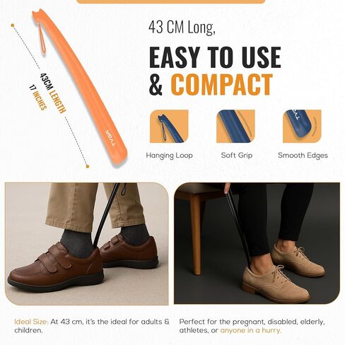 TYGA لبيسة حذاء طويلة بمقبض طويل 17 بوصة 43 سم - لبيسة حذاء بلاستيكية للرجال والنساء مع قبضة مريحة - لبيسة أحذية طويلة مرنة لكبار السن (أزرق) (عبوة من 1) in Kuwait