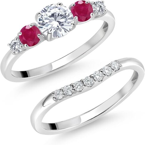 Gem Stone King 10K White Gold White Lab Grown Diamond and Red Ruby 5 Stone Bridal Engagement Wedding Ring Set For Women (0.92 Cttw, Round: 5MM and 3MM, Available in Size 5,6,7,8,9) in Saudi Arabia