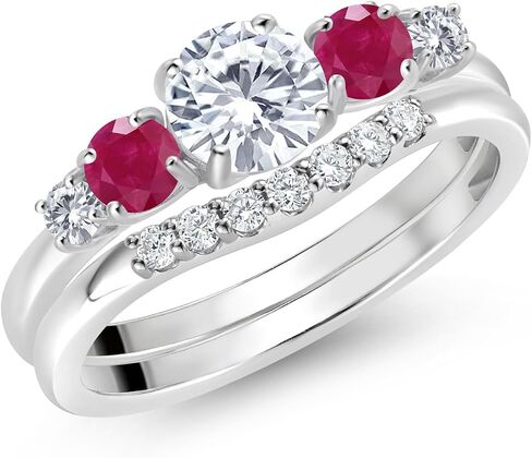Gem Stone King 10K White Gold White Lab Grown Diamond and Red Ruby 5 Stone Bridal Engagement Wedding Ring Set For Women (0.92 Cttw, Round: 5MM and 3MM, Available in Size 5,6,7,8,9) in Saudi Arabia
