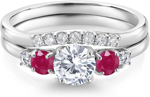 Gem Stone King 10K White Gold White Lab Grown Diamond and Red Ruby 5 Stone Bridal Engagement Wedding Ring Set For Women (0.92 Cttw, Round: 5MM and 3MM, Available in Size 5,6,7,8,9) in Saudi Arabia