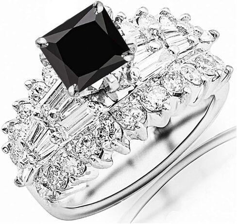 3.65 to 5.15 Carat t.w 14K White Gold Exquisite Prong Set Bageutte And Round Diamond Engagement Ring w/a Princess Cut Black Diamond Heirloom Quality in Saudi Arabia