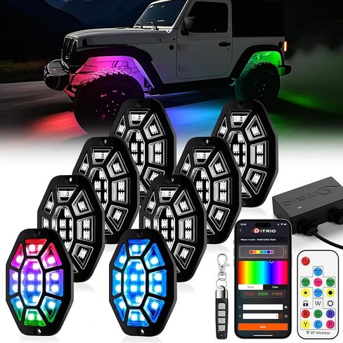 8 قرون 9 جوانب أضواء موسيقى الروك RGB ، APP/2 التحكم عن بعد مصابيح LED LED Underglow متوافقة مع شاحنات 12V Jeep UTV ATV Golf Cart Off Road ، إشارة الفرامل ، مقاومة للماء ، وضع الموسيقى ، التوصيل والتشغيل ، متعدد الألوان in Kuwait