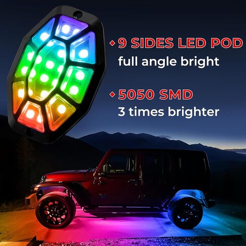 8 قرون 9 جوانب أضواء موسيقى الروك RGB ، APP/2 التحكم عن بعد مصابيح LED LED Underglow متوافقة مع شاحنات 12V Jeep UTV ATV Golf Cart Off Road ، إشارة الفرامل ، مقاومة للماء ، وضع الموسيقى ، التوصيل والتشغيل ، متعدد الألوان in Kuwait