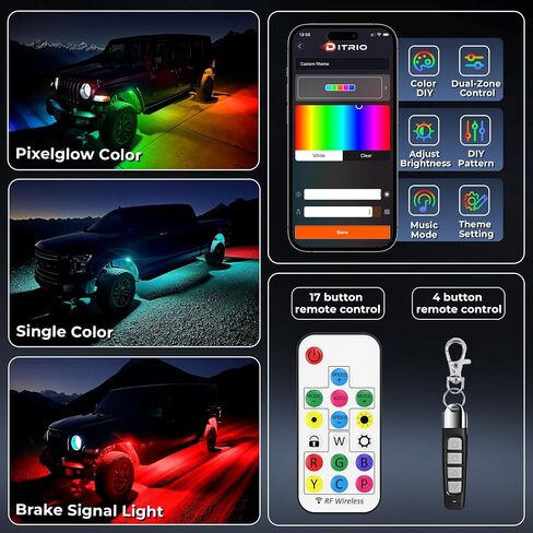 8 قرون 9 جوانب أضواء موسيقى الروك RGB ، APP/2 التحكم عن بعد مصابيح LED LED Underglow متوافقة مع شاحنات 12V Jeep UTV ATV Golf Cart Off Road ، إشارة الفرامل ، مقاومة للماء ، وضع الموسيقى ، التوصيل والتشغيل ، متعدد الألوان in Kuwait