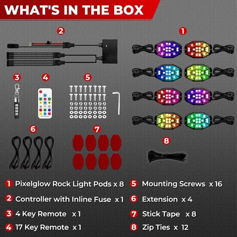 8 قرون 9 جوانب أضواء موسيقى الروك RGB ، APP/2 التحكم عن بعد مصابيح LED LED Underglow متوافقة مع شاحنات 12V Jeep UTV ATV Golf Cart Off Road ، إشارة الفرامل ، مقاومة للماء ، وضع الموسيقى ، التوصيل والتشغيل ، متعدد الألوان in Kuwait