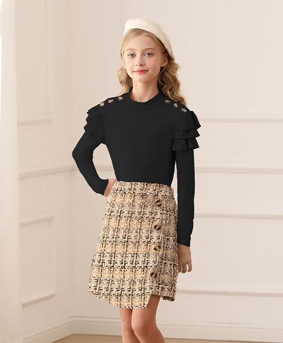 Girls Skirt Sets Two Piece Outfits Ruffle Long Sleeve Tops and Plaid Button Skirts Fall Winter Clothes in Kuwait