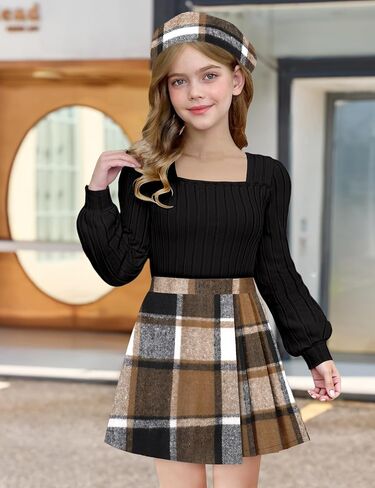 فتيات من Necious Skirt مجموعة مربعة رقبة الأكمام قميص قميص قميص منقو in Kuwait