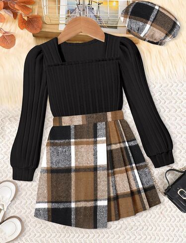 فتيات من Necious Skirt مجموعة مربعة رقبة الأكمام قميص قميص قميص منقو in Kuwait