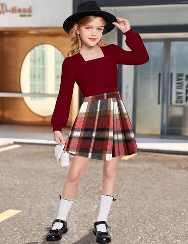فتيات من Necious Skirt مجموعة مربعة رقبة الأكمام قميص قميص قميص منقو in Kuwait