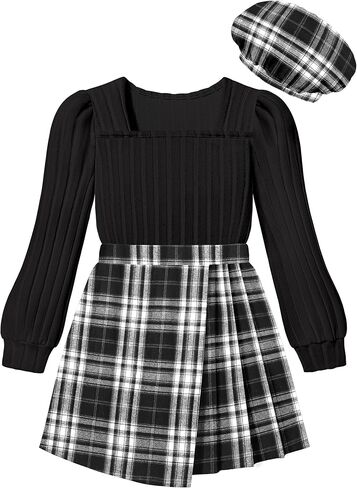 فتيات من Necious Skirt مجموعة مربعة رقبة الأكمام قميص قميص قميص منقو in Kuwait