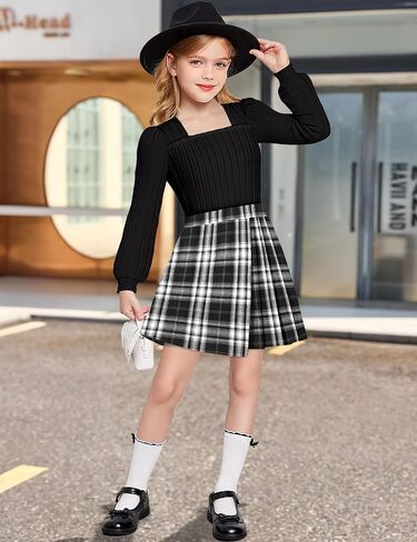 فتيات من Necious Skirt مجموعة مربعة رقبة الأكمام قميص قميص قميص منقو in Kuwait
