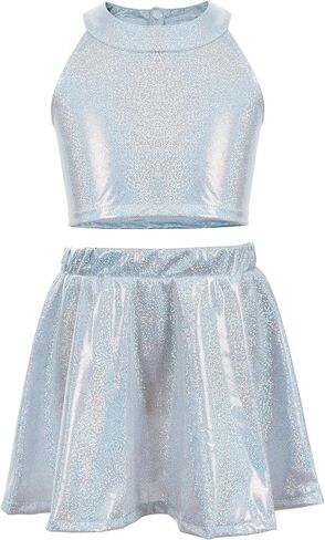 Happy Cherry Kids Girls Dance 2 Piece Outfits Shiny Crop Top and Metallic Skirt for Dancing Rave Festival in Saudi Arabia