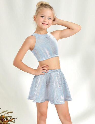 Happy Cherry Kids Girls Dance 2 Piece Outfits Shiny Crop Top and Metallic Skirt for Dancing Rave Festival in Saudi Arabia