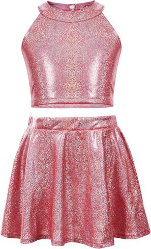 Happy Cherry Kids Girls Dance 2 Piece Outfits Shiny Crop Top and Metallic Skirt for Dancing Rave Festival in Saudi Arabia