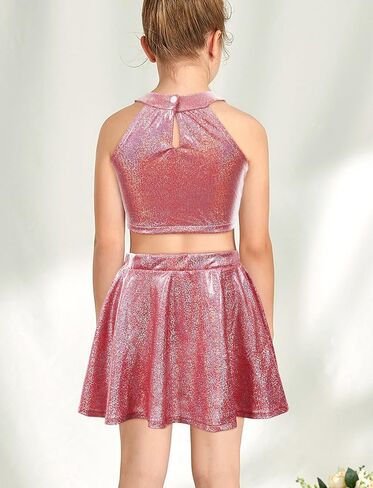 Happy Cherry Kids Girls Dance 2 Piece Outfits Shiny Crop Top and Metallic Skirt for Dancing Rave Festival in Saudi Arabia
