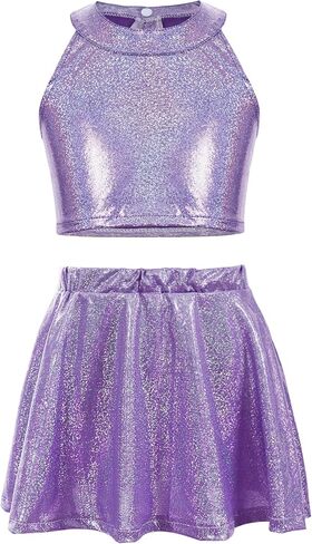 Happy Cherry Kids Girls Dance 2 Piece Outfits Shiny Crop Top and Metallic Skirt for Dancing Rave Festival in Saudi Arabia