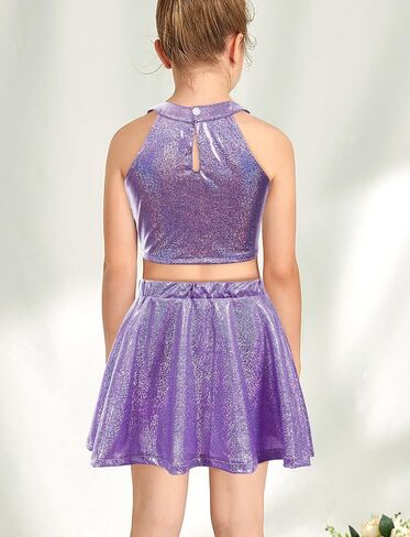 Happy Cherry Kids Girls Dance 2 Piece Outfits Shiny Crop Top and Metallic Skirt for Dancing Rave Festival in Saudi Arabia