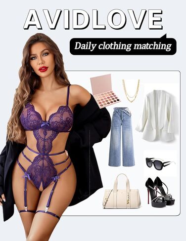 Avidlove Women's Deep v Teddy Lingerie Sexy Lace Bodysuit قطعت مجموعات الملابس الداخلية الرباط in Saudi Arabia