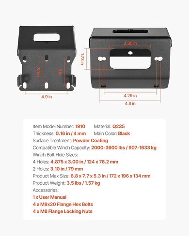 Vevor Winch Mount ، سعة Winch من 2000-3600 رطل ، Hitch Hitch Winch Mount للاختيار هوندا فورمان ومربية الموديلات روبيكون (2014-2021) ، 2 تصميم ثقب التثبيت ، الفولاذ المطلي بالمسحوق ، الأسود ، in Saudi Arabia