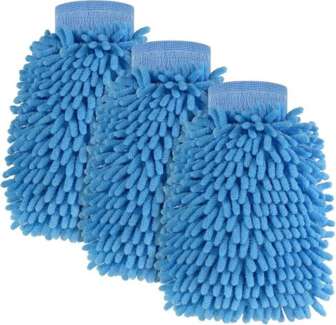 3 Pack Chenille Microfiber Car Wash Mitt, 7" x 9.6" Car Washing Mitts, Home Dusting Gloves, Scratch Free Lint-Free, Highly Absorbent, Double Sided, for Cleaning Detailing Polish (Green) in Kuwait