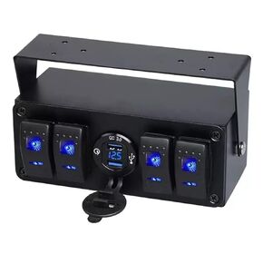 4 Gang Rocker Toggle Switch Panel 12V - Waterproof Aluminum Enclosure with QC 3.0 Dual USB Quick Charger & Voltmeter, Surface Mount Box for Marine Boats, RVs, Trucks, Cars (Blue LED) in Saudi Arabia