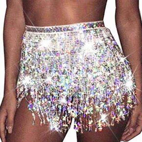 Zoestar Sparkly Sequin Fringe Skirt Tassel Shorts Belly Dance Skirts Rave Festival Outfits for Women in Kuwait