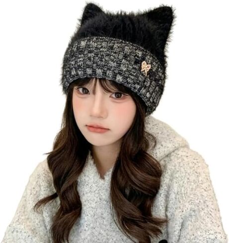 Cute Cat Ear Knitted Hat for Women Winter Warm Knit Beanies Korean Bowknot Skull Cap for Lady Girl Slouchy Hats in Saudi Arabia