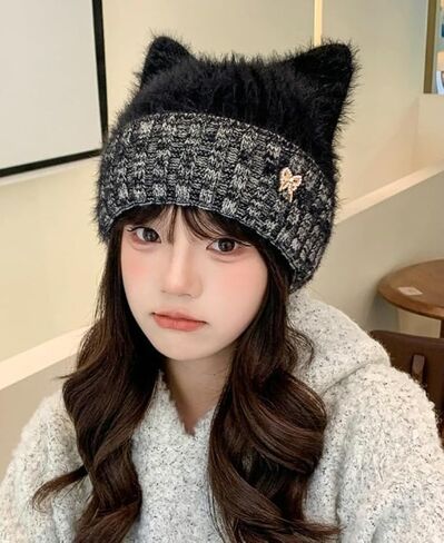 Cute Cat Ear Knitted Hat for Women Winter Warm Knit Beanies Korean Bowknot Skull Cap for Lady Girl Slouchy Hats in Saudi Arabia