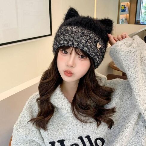 Cute Cat Ear Knitted Hat for Women Winter Warm Knit Beanies Korean Bowknot Skull Cap for Lady Girl Slouchy Hats in Saudi Arabia