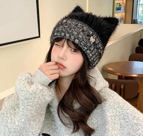 Cute Cat Ear Knitted Hat for Women Winter Warm Knit Beanies Korean Bowknot Skull Cap for Lady Girl Slouchy Hats in Saudi Arabia