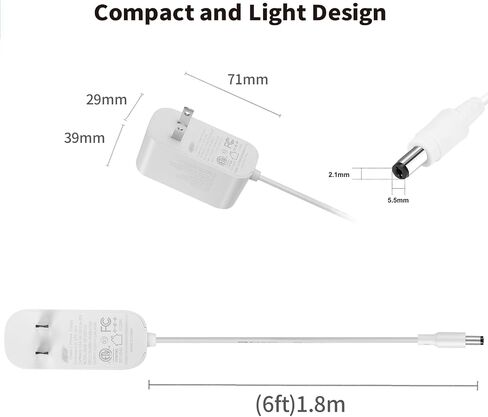 Tonton 24W Power Supply Adapter 6ft Cord 12V 2A 2000mA DC Power Cable to 110-240V AC Adapter UL/CE/FCC Certified 5.5mmx2.1mm DC Plug with LED Terminal Connector for LED Strip Light,CCTV Camera(White) in Saudi Arabia