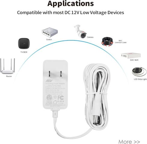 Tonton 24W Power Supply Adapter 6ft Cord 12V 2A 2000mA DC Power Cable to 110-240V AC Adapter UL/CE/FCC Certified 5.5mmx2.1mm DC Plug with LED Terminal Connector for LED Strip Light,CCTV Camera(White) in Saudi Arabia