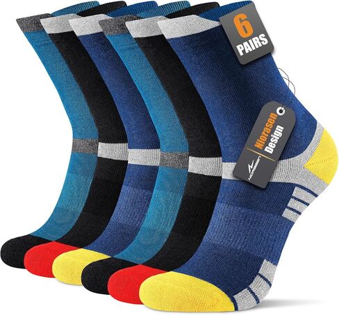 6 Pairs Men's Cotton Crew Work Boot Socks, Moisture Cushioned Athletic Sports Socks for Hiking Running Workout in Kuwait