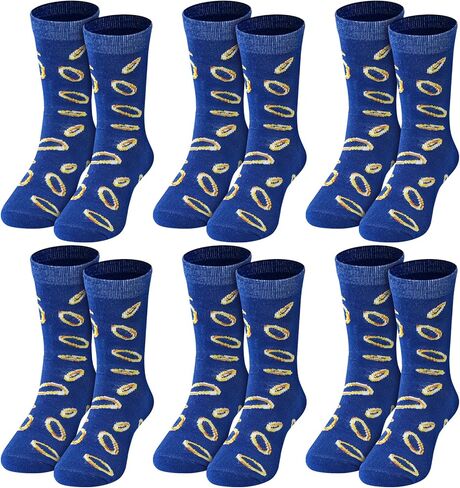6 Pairs Boys Crew Socks Bulk for Kids Blue and Gold Ring Pattern Ages 5-10 Cotton Mid-calf Socks Cartoon Gripper Novelty Blue Sock for Children Movie Party Birthday Gift in Kuwait