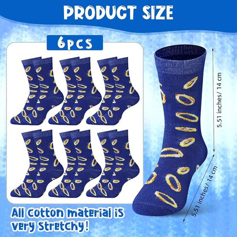 6 Pairs Boys Crew Socks Bulk for Kids Blue and Gold Ring Pattern Ages 5-10 Cotton Mid-calf Socks Cartoon Gripper Novelty Blue Sock for Children Movie Party Birthday Gift in Kuwait
