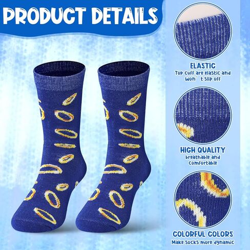 6 Pairs Boys Crew Socks Bulk for Kids Blue and Gold Ring Pattern Ages 5-10 Cotton Mid-calf Socks Cartoon Gripper Novelty Blue Sock for Children Movie Party Birthday Gift in Kuwait