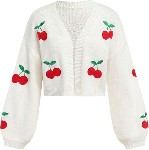 SHENHE Girl's Cherry Cardigan Open Front Embroidered Lantern Sleeve Cropped Cardigan Sweater in Saudi Arabia