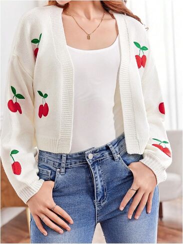 SHENHE Girl's Cherry Cardigan Open Front Embroidered Lantern Sleeve Cropped Cardigan Sweater in Saudi Arabia