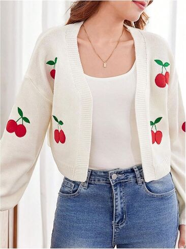 SHENHE Girl's Cherry Cardigan Open Front Embroidered Lantern Sleeve Cropped Cardigan Sweater in Saudi Arabia