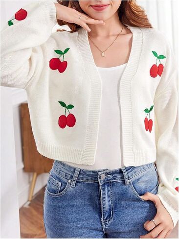 SHENHE Girl's Cherry Cardigan Open Front Embroidered Lantern Sleeve Cropped Cardigan Sweater in Saudi Arabia