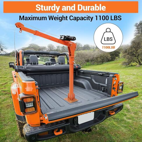 Hydraulic Pickup Truck Crane, 1000 lbs Capacity, 360°Swivel, Hitch Mounted Crane with 3 Adjustable Capacities of 500 Lbs, 750 Lbs and 1000 Lbs for Lifting Goods in Construction, Industry(Orange) in Kuwait
