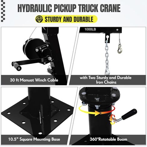 Hydraulic Pickup Truck Crane, 2000 Lbs, Folding Truck-Mounted Bed Crane with Hand Winch, Steel Pickup Truck Jib Crane Hoist 360° Swivel for Lifting Goods in Construction, Factory in Kuwait