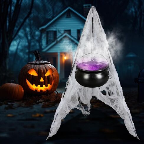 Halloween Decorations Outdoor Large Witches Cauldron on 52" Tripod with 12 LED Mister and Mesh Spider Black Plastic Witches Bowl Candy Bucket Cauldron for Halloween Porch Yard Decoration in Saudi Arabia