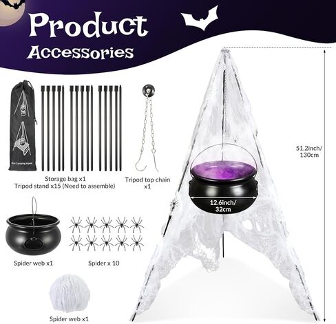 Halloween Decorations Outdoor Large Witches Cauldron on 52" Tripod with 12 LED Mister and Mesh Spider Black Plastic Witches Bowl Candy Bucket Cauldron for Halloween Porch Yard Decoration in Saudi Arabia