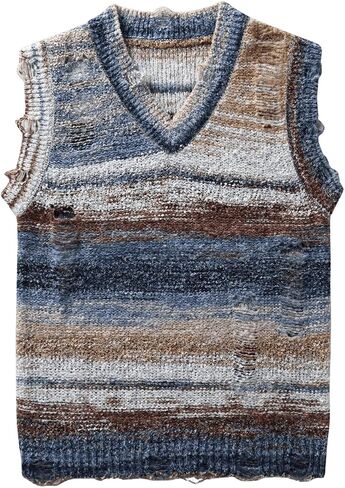 Men's Vintage Sweater Vest Ripped Sleeveless V Neck Knitted Pullover Tank Tops in Saudi Arabia