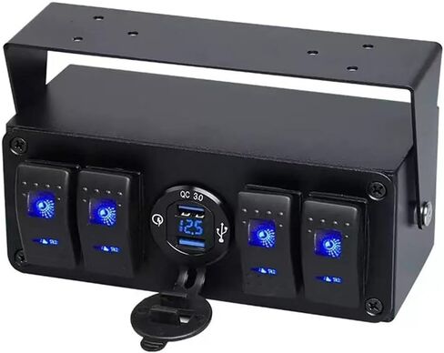 4 Gang Rocker تبديل لوحة 12 فولت - حاوية الألومنيوم المقاومة للماء مع QC 3.0 USB مزدوج الشاحن ومقياس الفولتميتر ، صندوق جبل السطح للقوارب البحرية ، RVs ، الشاحنات ، السيارات (LED الأزرق) in Saudi Arabia