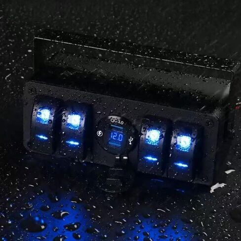 4 Gang Rocker تبديل لوحة 12 فولت - حاوية الألومنيوم المقاومة للماء مع QC 3.0 USB مزدوج الشاحن ومقياس الفولتميتر ، صندوق جبل السطح للقوارب البحرية ، RVs ، الشاحنات ، السيارات (LED الأزرق) in Saudi Arabia